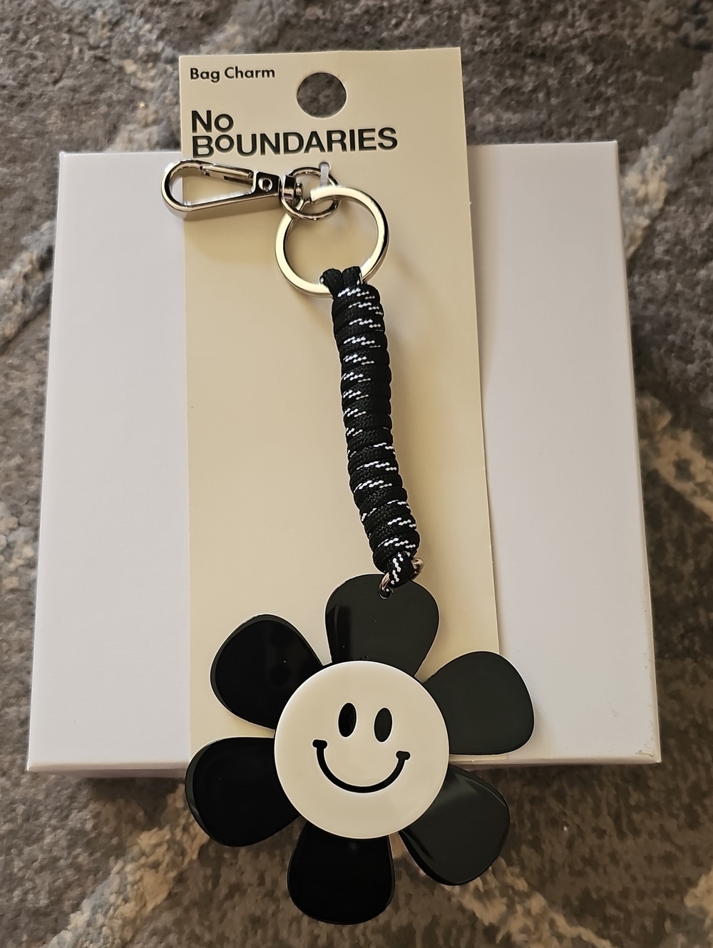 No Boundaries Black and White Smiley Flower Bag Charm Keychain